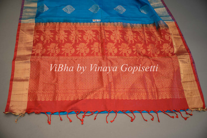 Blue and Red Kanchi Soft Silk Saree and Blouse