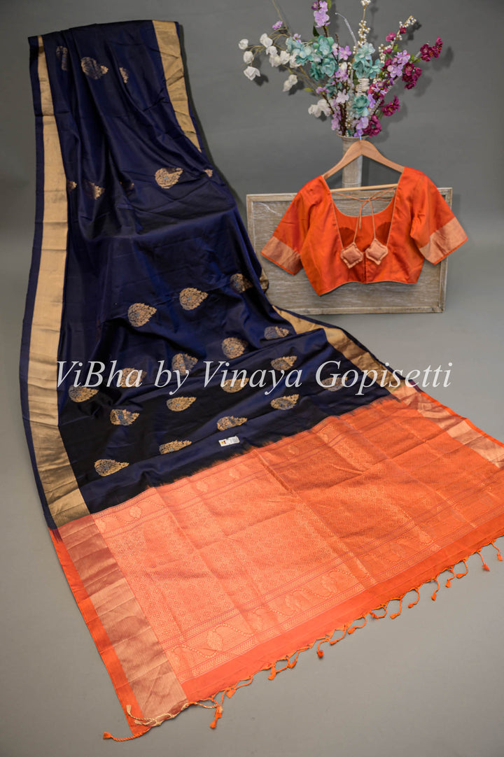 Navy Blue and Deep Orange Kanchi Soft Silk Saree and Blouse