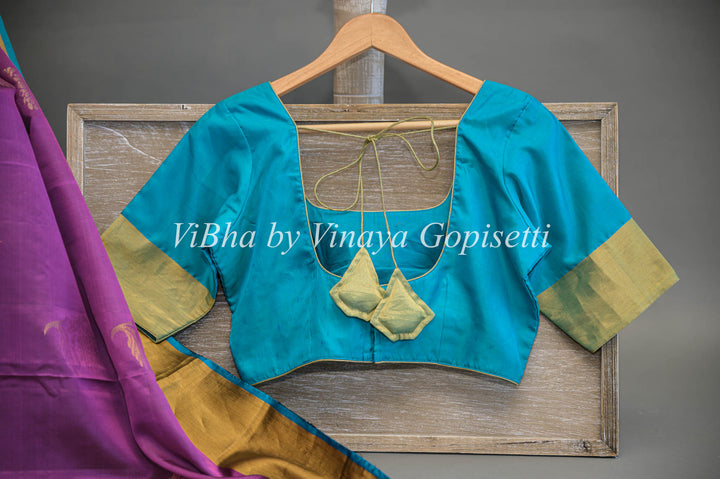 Purple and Blue Kanchi Soft Silk Saree and Blouse
