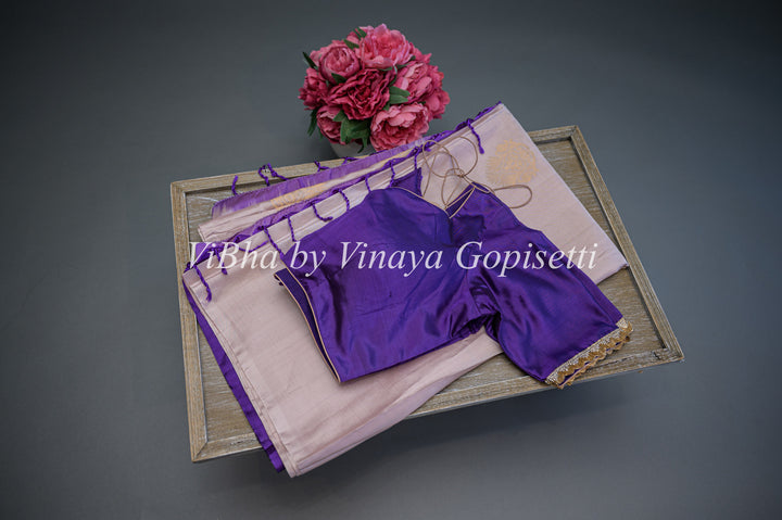 Snow Grey and Violet Kanchi Soft Silk Saree and BLouse