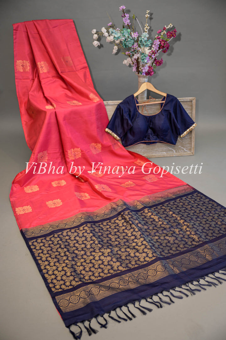 Dark Pink and Blue Kanchi Soft Silk Saree and Blouse