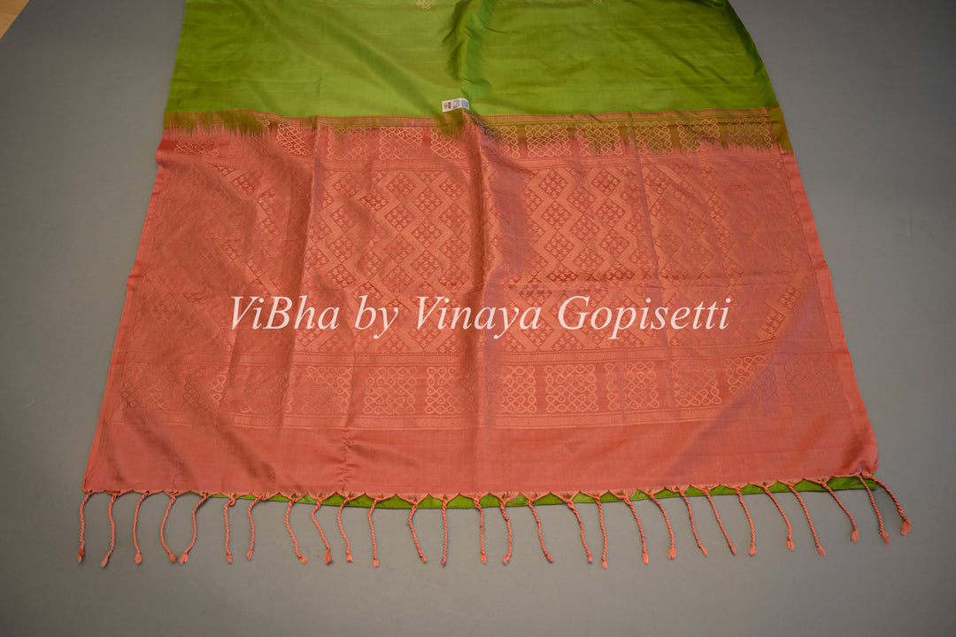 Parrot Green and Peach Kanchi Soft Silk Saree and Blouse