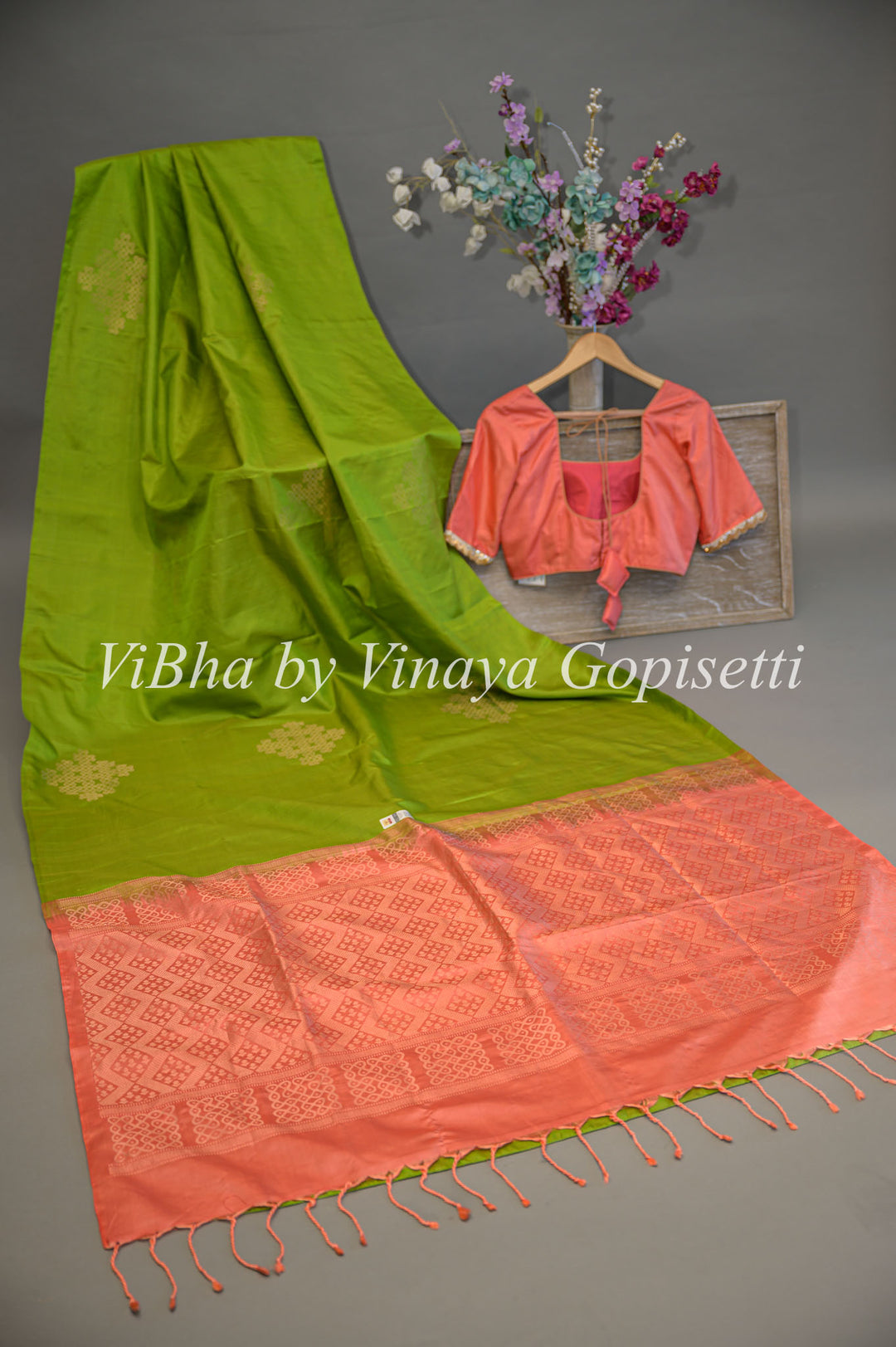 Parrot Green and Peach Kanchi Soft Silk Saree and Blouse