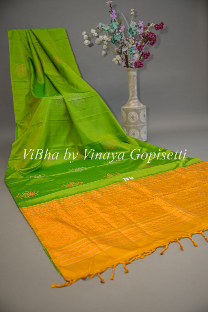 Lime Green and Mustard Yellow Kanchi Soft Silk Saree and Blouse