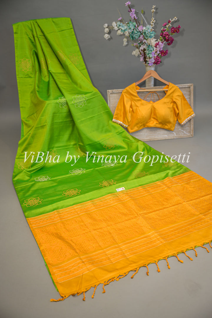 Lime Green and Mustard Yellow Kanchi Soft Silk Saree and Blouse