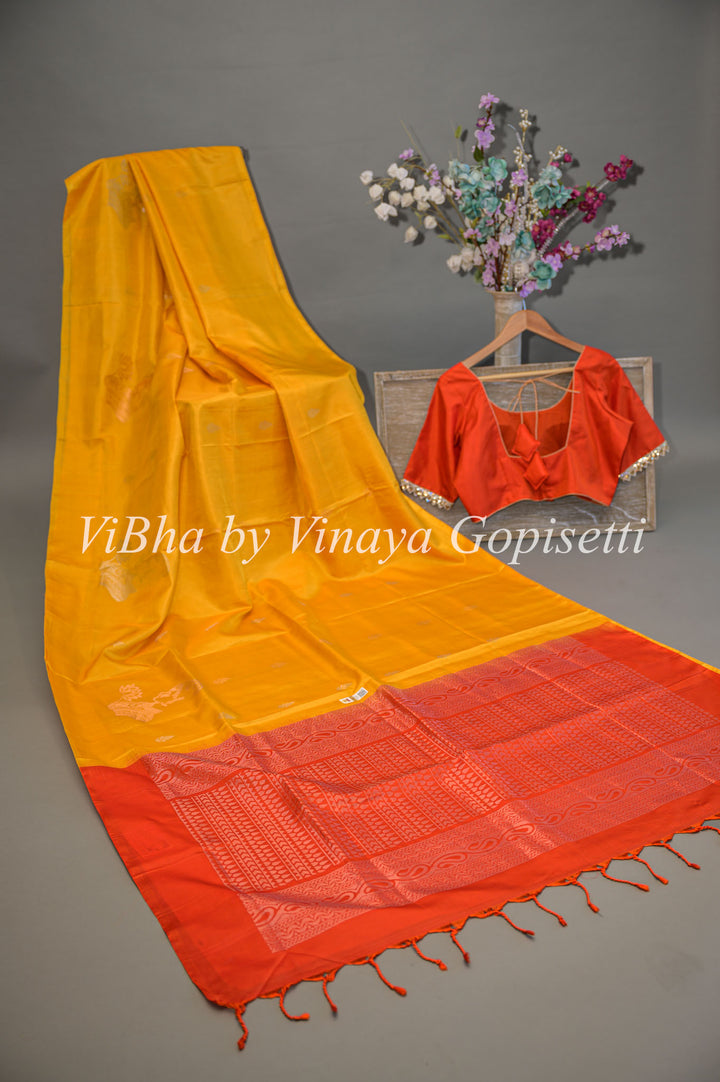 Yellow and Red Kanchi Soft Silk Saree and Blouse