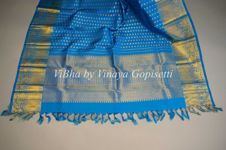 Sky Blue Kanchi Silk Dupatta With Gold Zari Borders