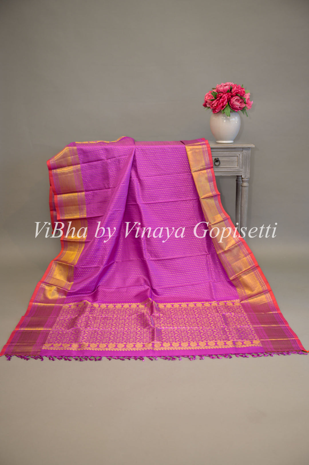 Purple With Small Buta And Pink Borders Kanchi Silk Dupatta