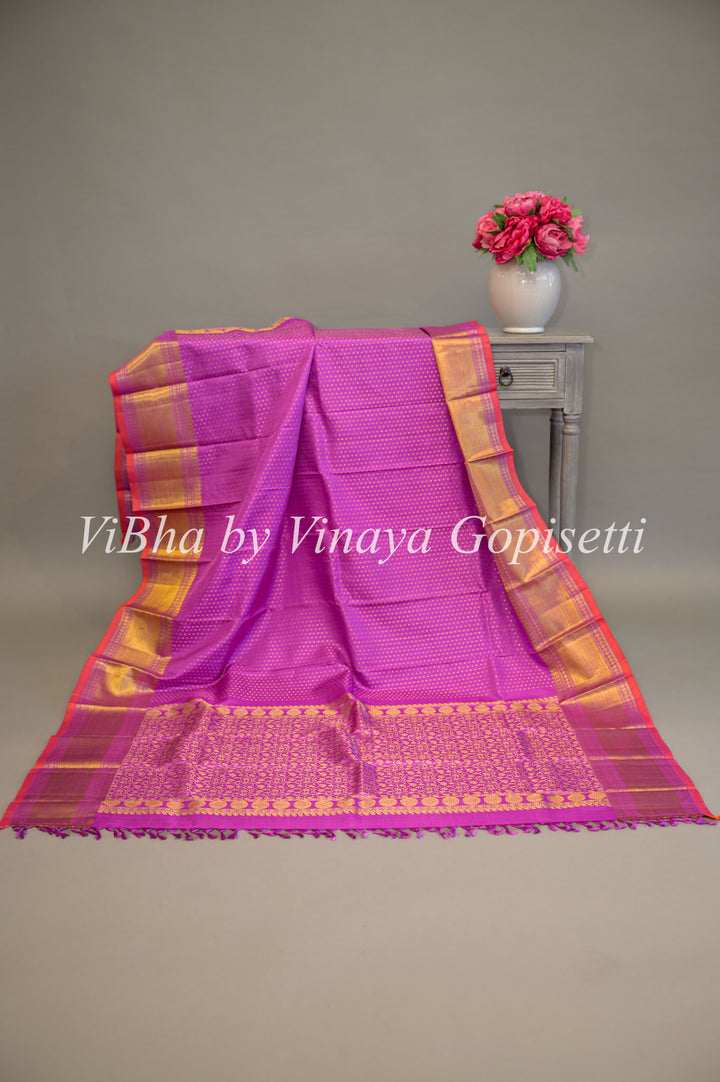 Magenta Kanchi Silk Dupatta With Small Buta And Pink Borders