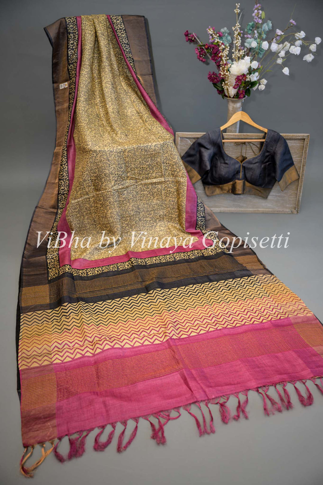 Beige Body With Black and Pink Borders and Pallu Block Print Saree and Blouse