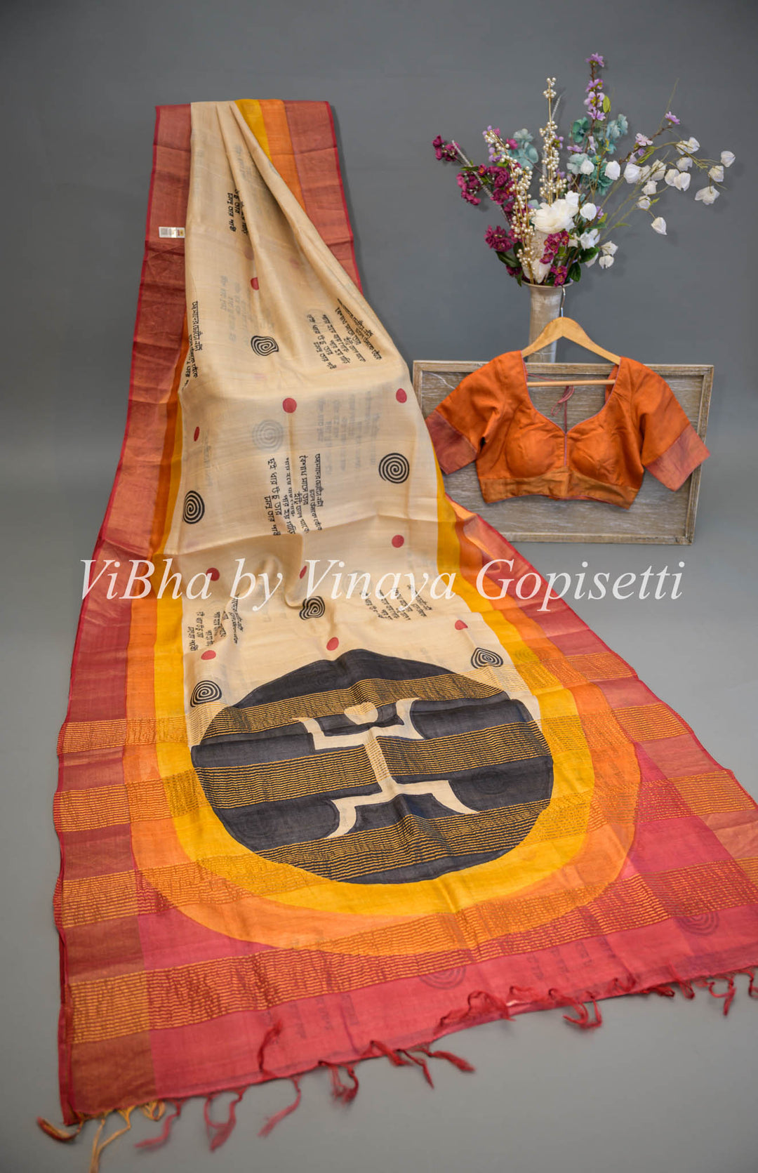 Beige and Orange Tussar Silk Saree and Blouse With Script Print