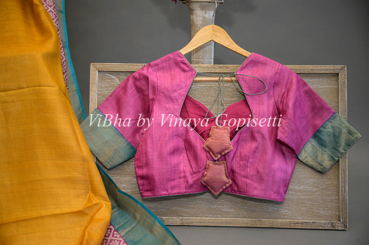 Mustard Yellow Block Print Saree With contrast Pallu And Blouse