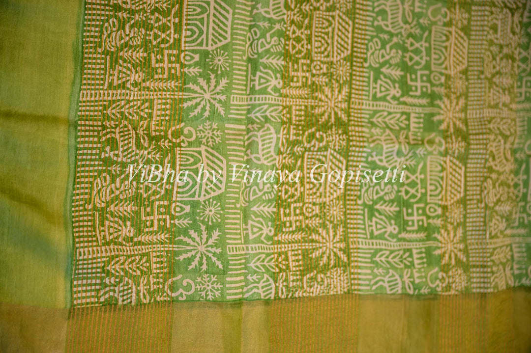Mustard Yellow and Green Tussar Block Print Saree and Blouse