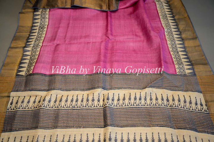 Beige and Pink Tussar Block Print half and half Saree And Blouse