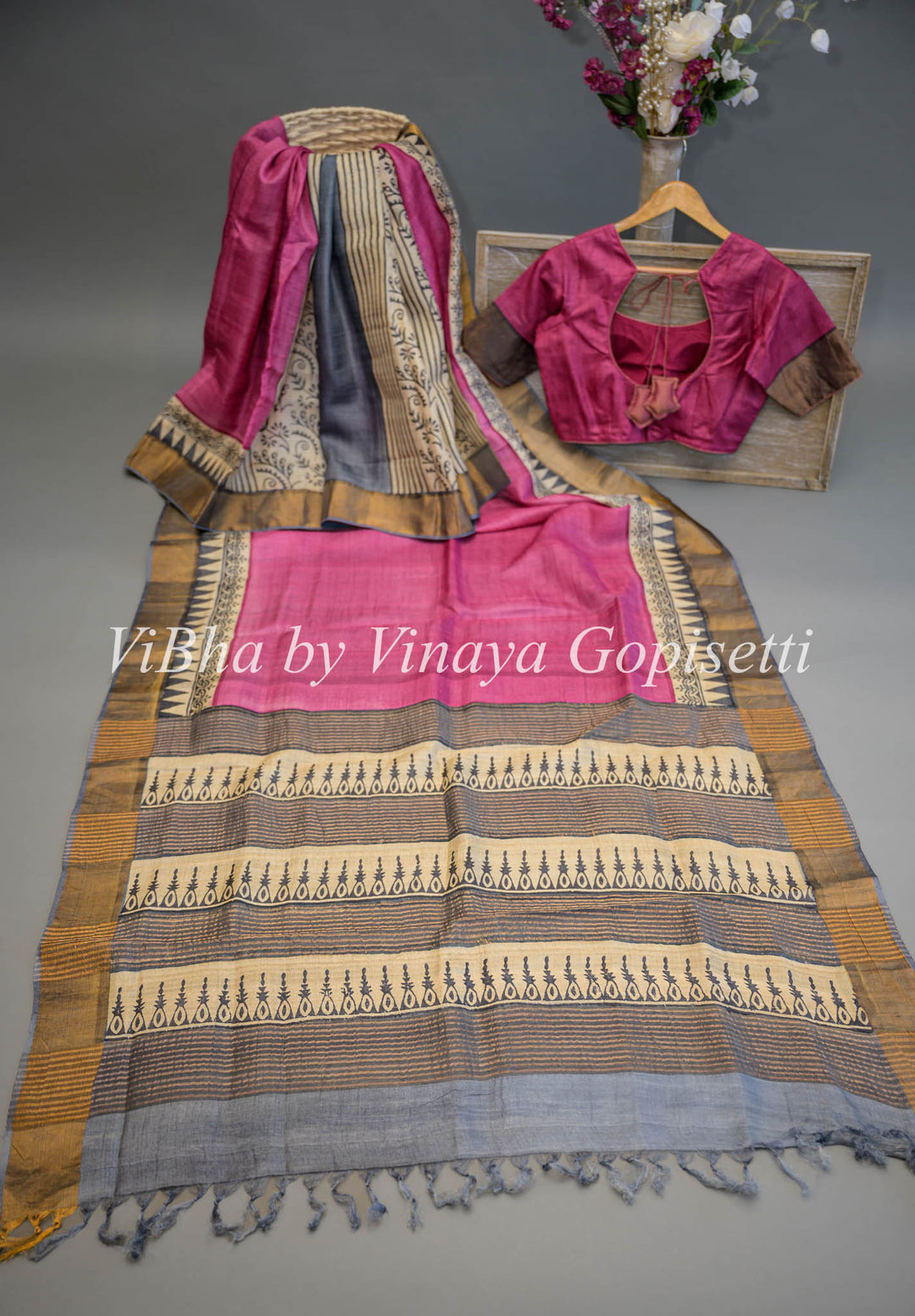 Beige and Pink Tussar Block Print half and half Saree And Blouse