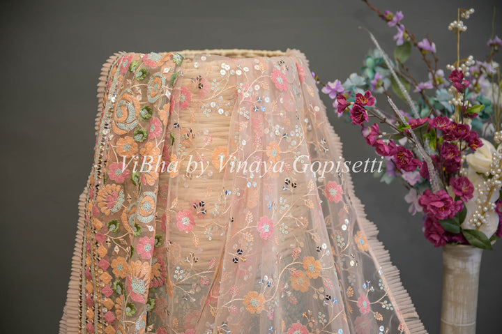 Pastel Peach Net Floral Embroidered Saree And Blouse
