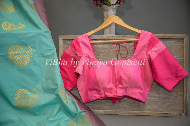 Aqua and Rani Pink Kanchi Soft Silk Saree and Blouse