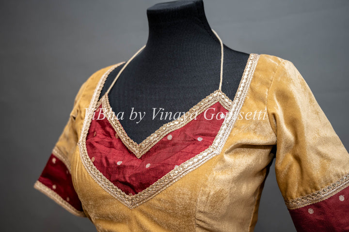 Gold And Maroon Embroidered Velvet Blouse