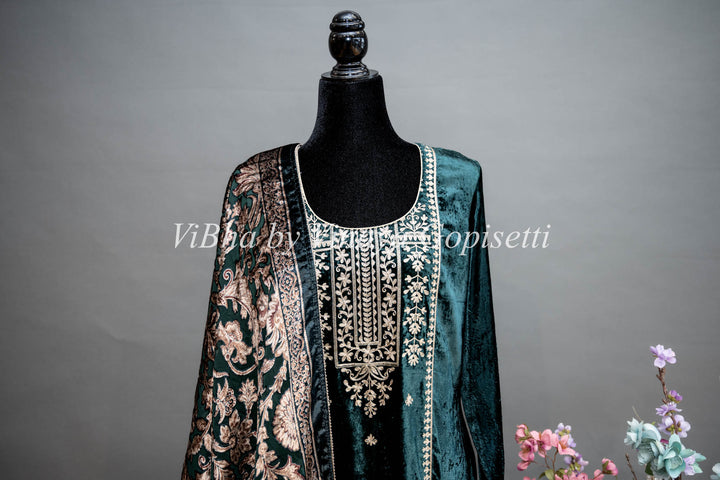 Dark Green Embroidered Velvet Salwar Suit Set