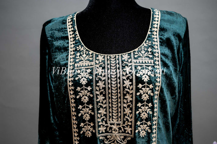 Dark Green Embroidered Velvet Salwar Suit Set