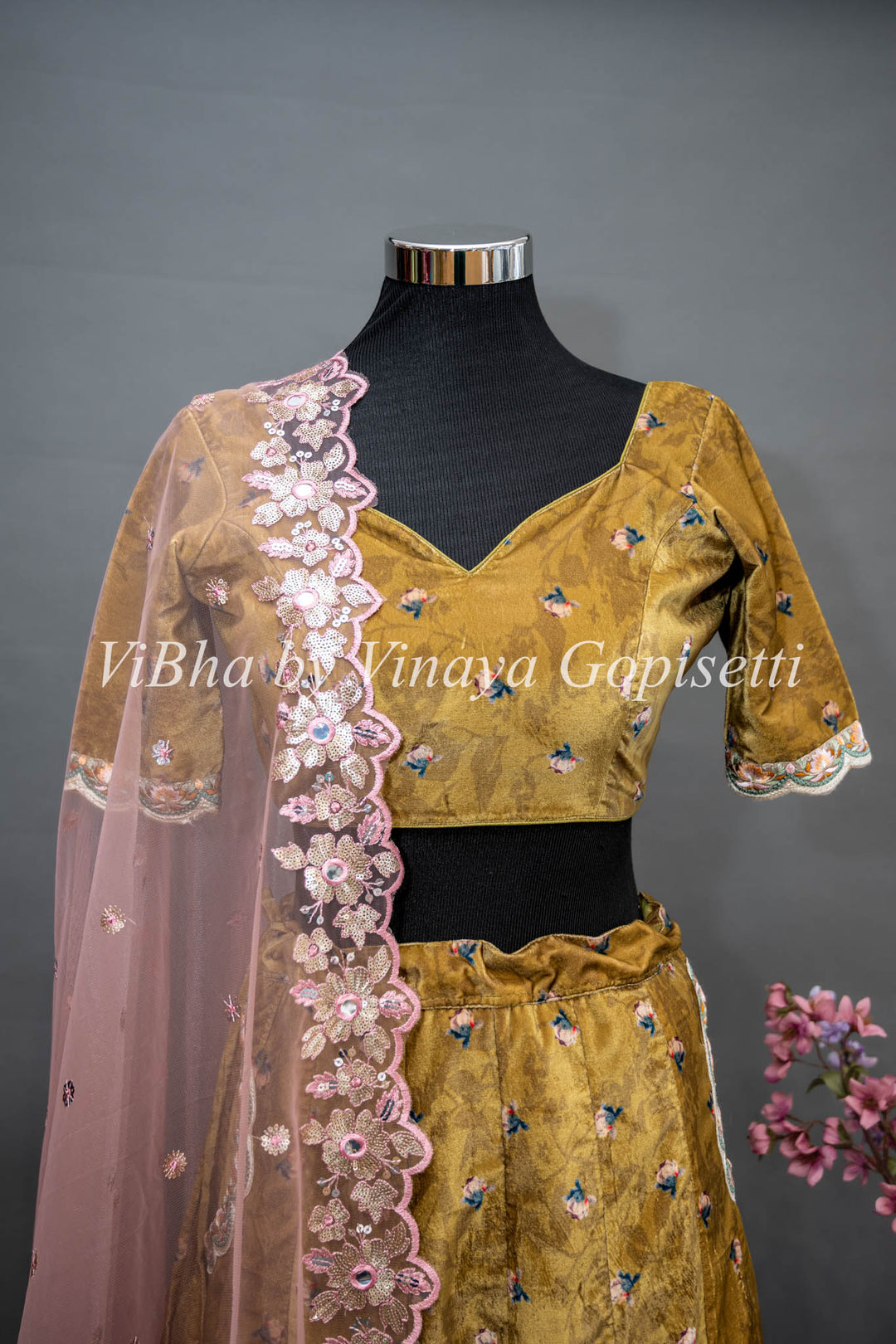 Yellowish Mehendi Green Embroidered Velvet Lehenga Set