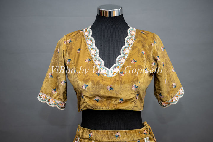 Yellowish Mehendi Green Embroidered Velvet Skirt Crop Top