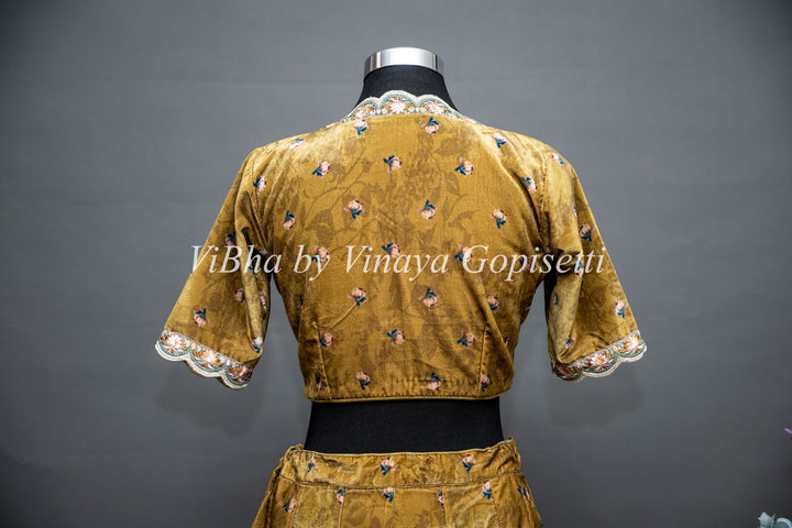 Yellowish Mehendi Green Embroidered Velvet Skirt Crop Top