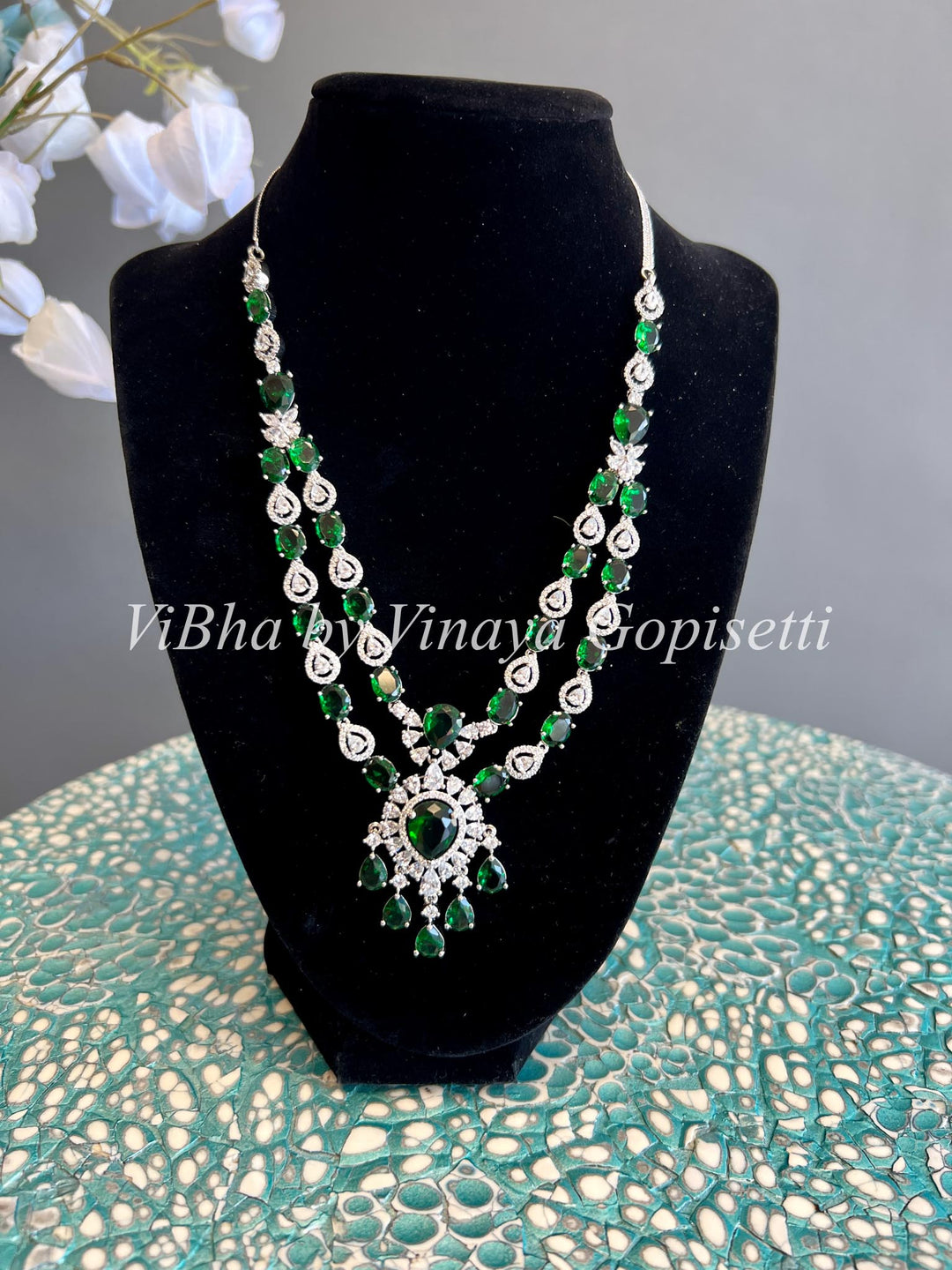 AD And Emerald Two Layer Necklace Set