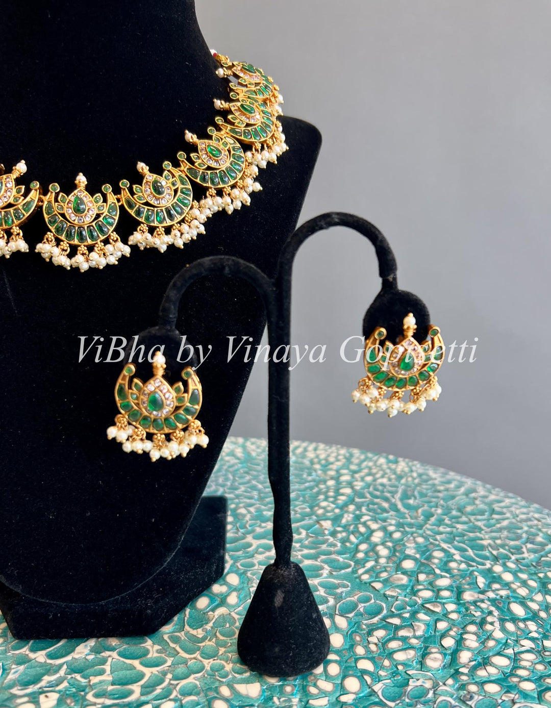 Pearls and Emerald Chandbali Pattern Choker Set