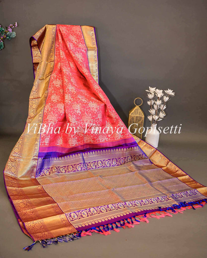 Coral and Purple Kanchi All Over Design Silk Saree And Blouse