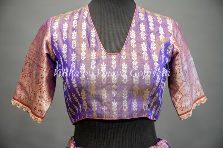 Purple and Peach Tissue Venkatagiri Silk Lehenga With Net Dupatta