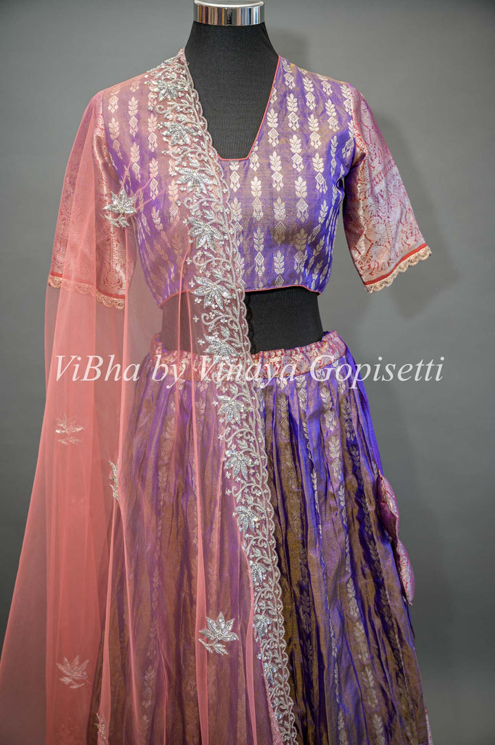 Purple and Peach Tissue Venkatagiri Silk Lehenga Set