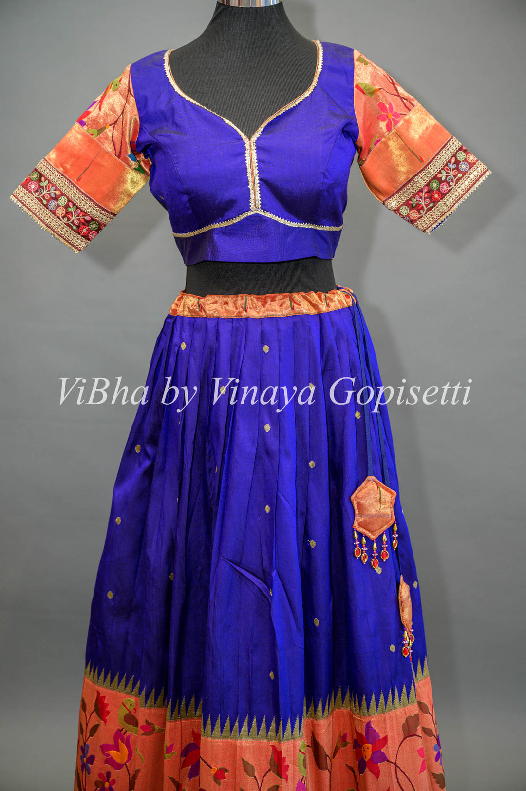 Royal Blue and Pink Paithani Silk Lehenga With Embroidered Borders and Dupatta