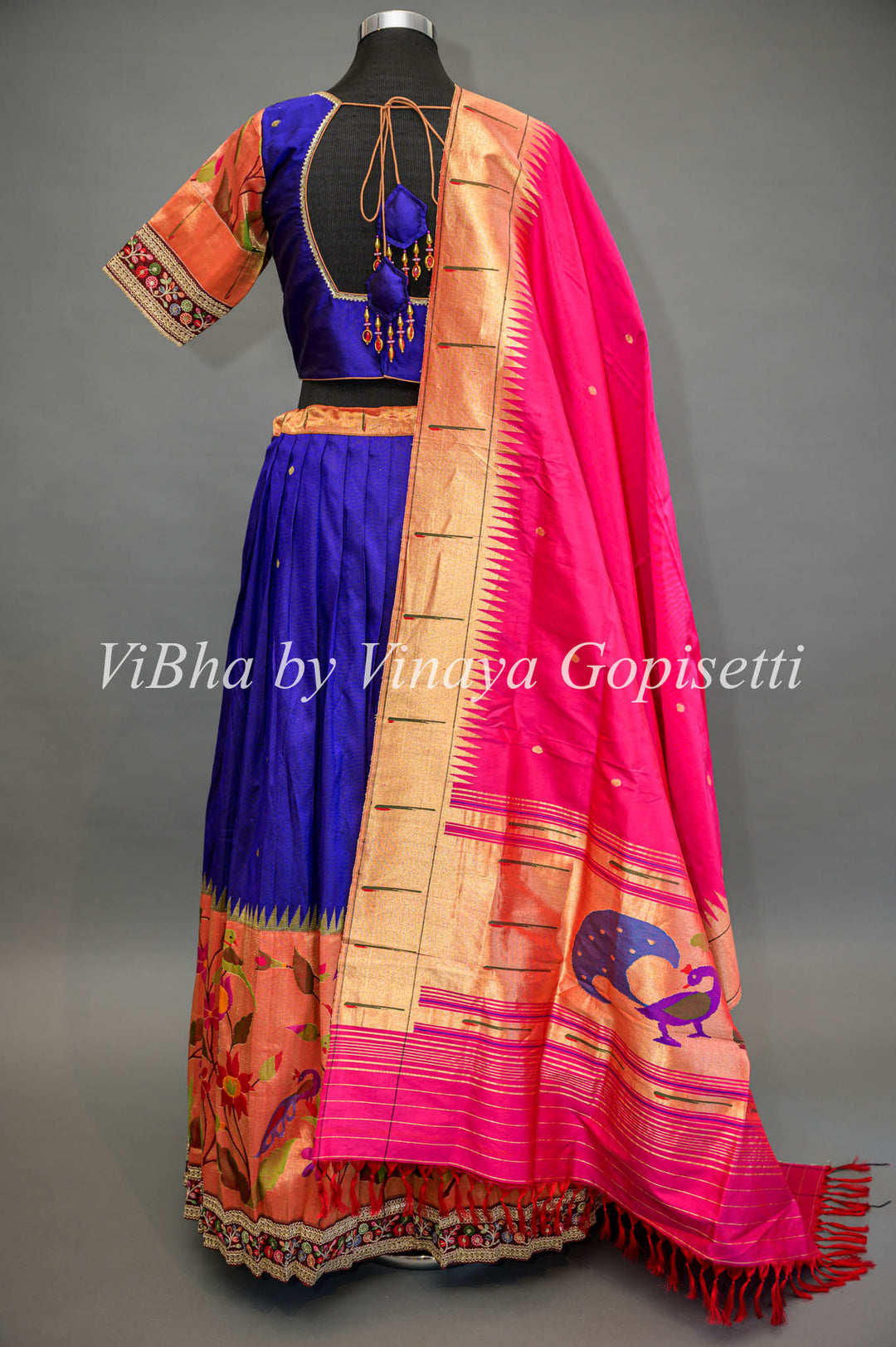 Royal Blue and Pink Paithani Silk Lehenga With Embroidered Borders and Pink Dupatta
