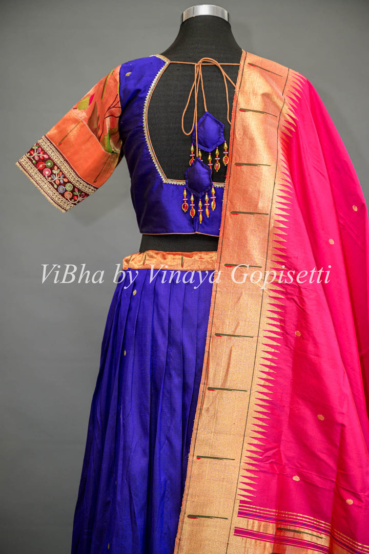 Royal Blue and Pink Paithani Silk Lehenga With Embroidered Borders and Pink Dupatta