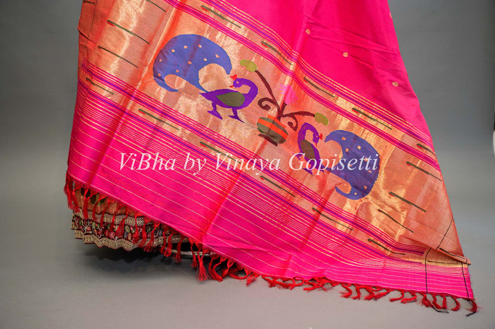 Royal Blue and Pink Paithani Silk Lehenga With Embroidered Borders and Dupatta