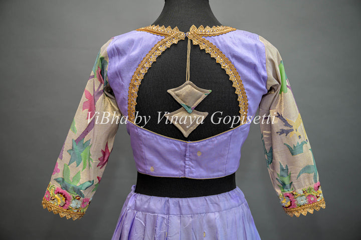Lilac and Gold Paithani Silk Lehenga With Embroidered Borders And Burgundy Paithani Silk Dupatta