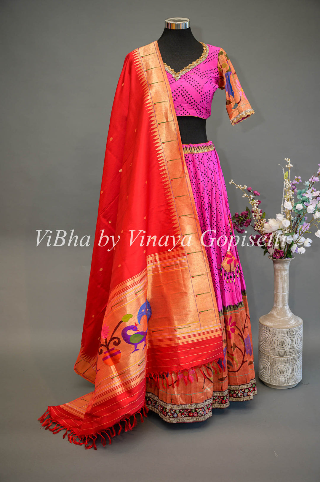 Hot Pink and Red Bandhani Paithani Silk Lehenga With Embroidered Borders And Red Paithani Silk Dupatta