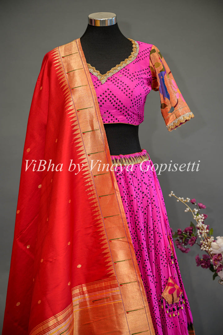 Hot Pink and Red Bandhani Paithani Silk Lehenga With Paithani Silk Dupatta