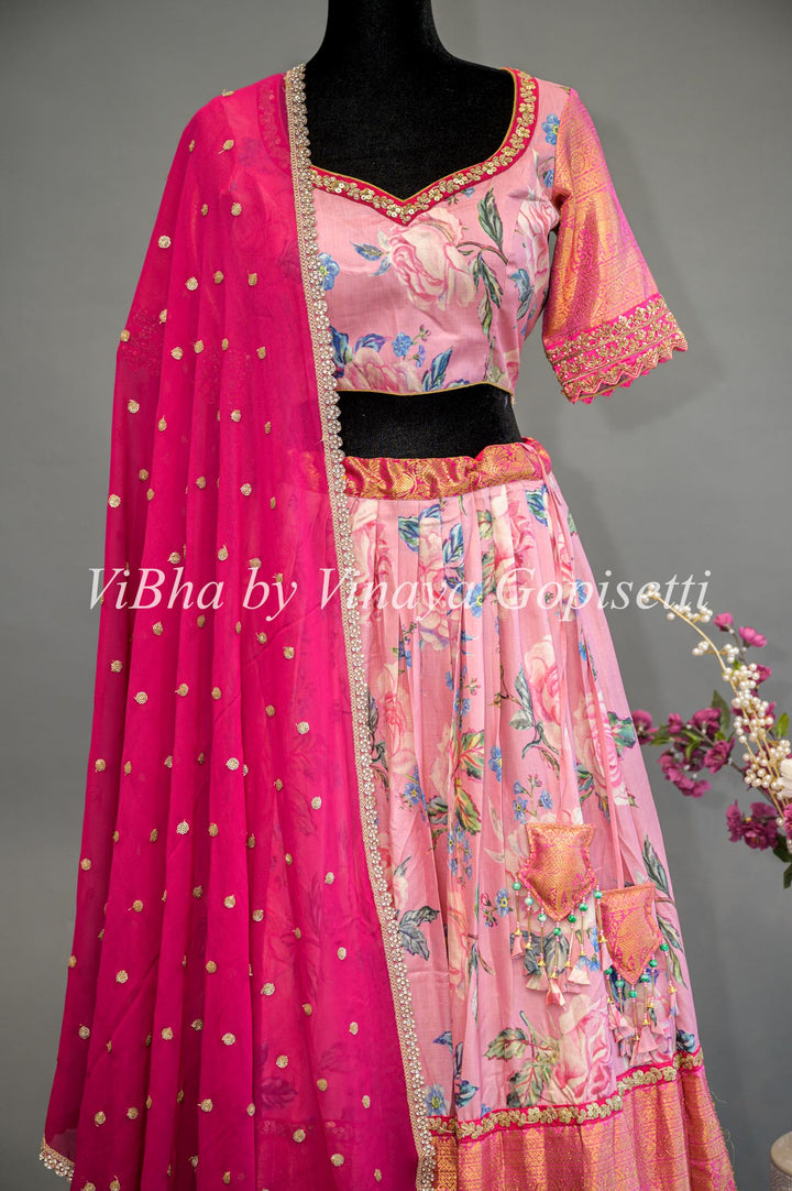 Light and Dark Pink Floral Kanchi Silk Lehenga With Embroidered Dupatta