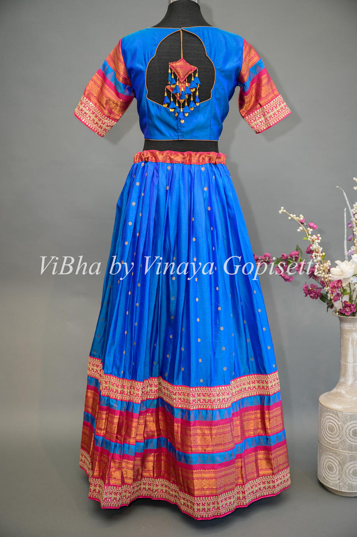 Royal Blue and Pink Gadwal Silk Lehenga with Embroidered Dupatta