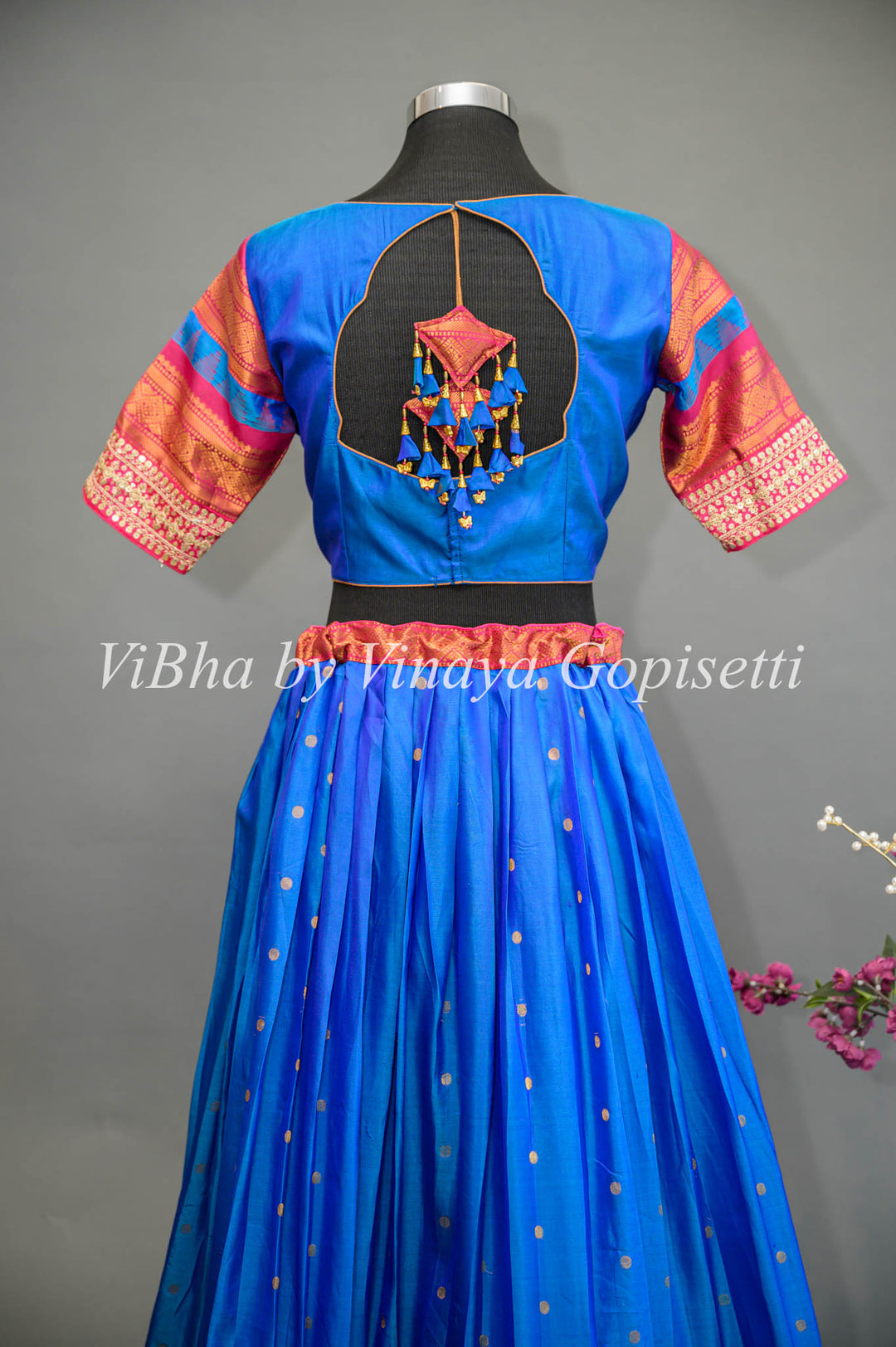 Royal Blue and Pink Gadwal Silk Lehenga with Embroidered Dupatta