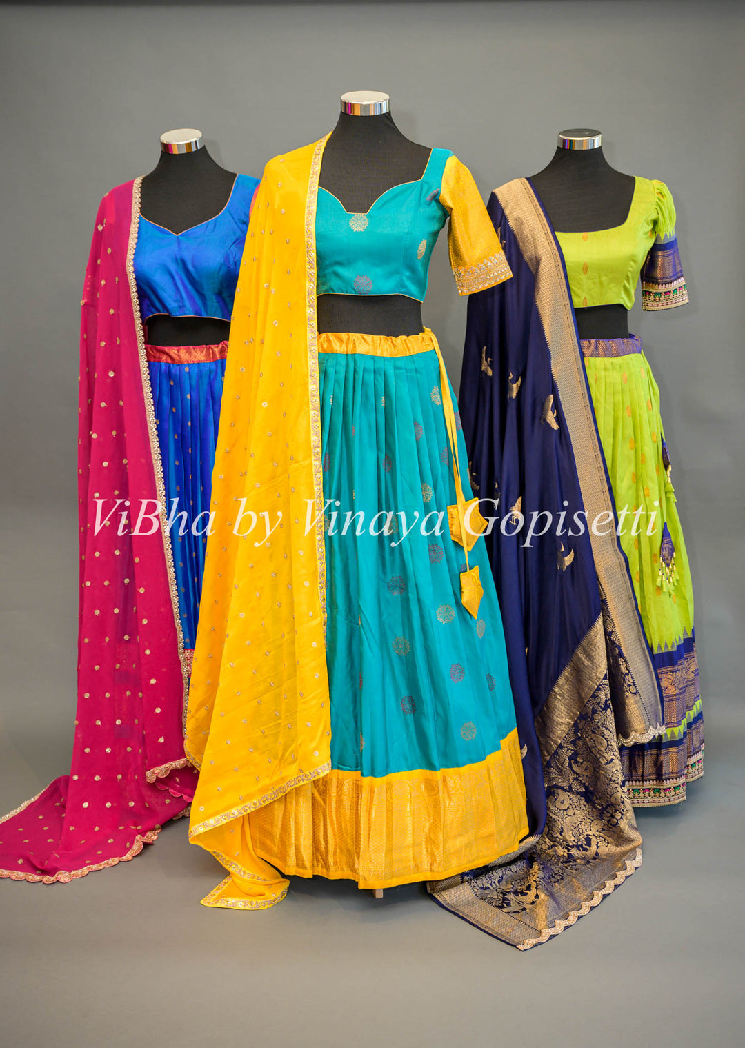 Green and Navy Blue Gadwal Silk Lehenga with Embroidered Borders and Dupatta