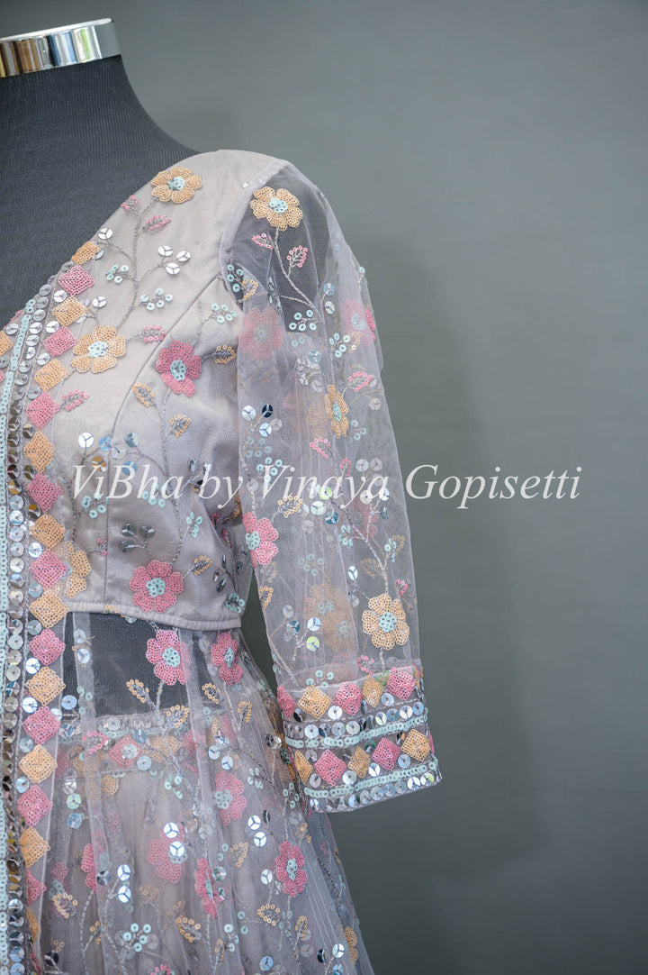 Mauve Net Hand Embroidered Jacket Style Lehenga