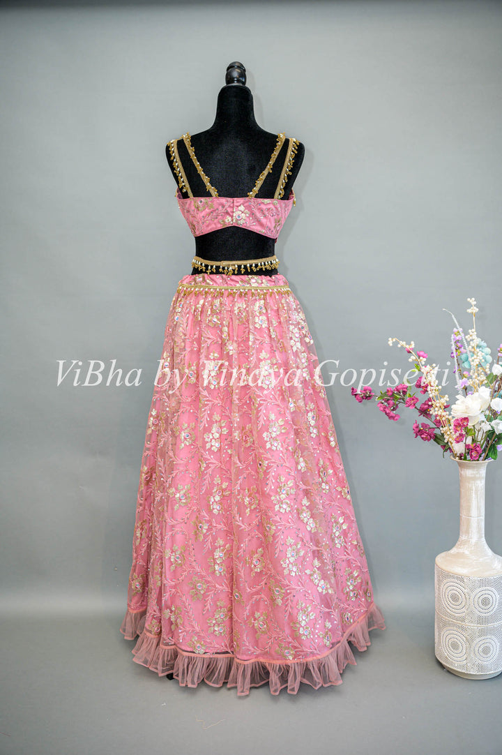 Pink Net Embroidered Lehenga With Cape Dupatta