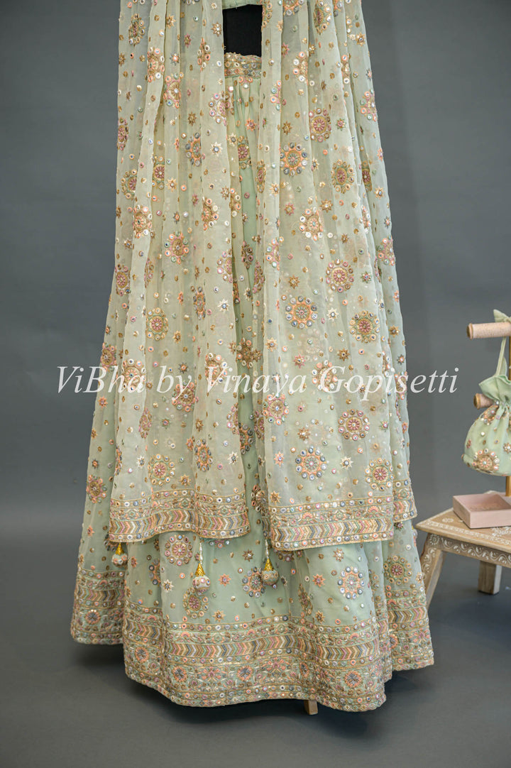 Pastel Green all over embroidered Lehenga set