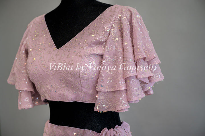 Pastel Purple Georgette Embroidered Skirt Crop Top