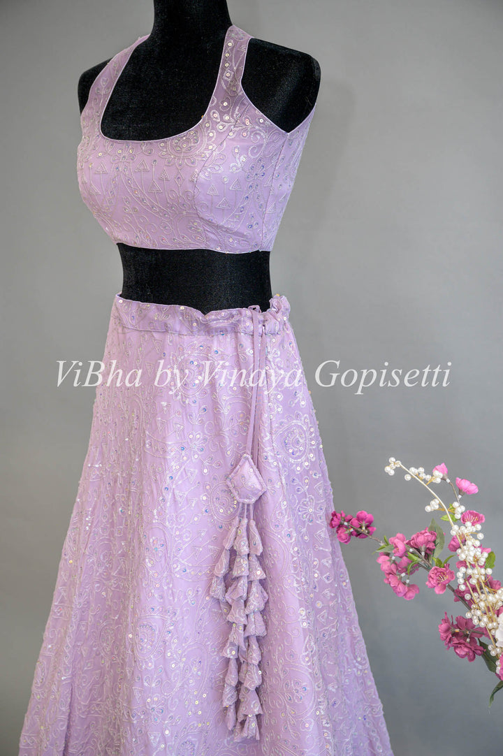 Pastel Purple Georgette Embroidered Lehenga Set