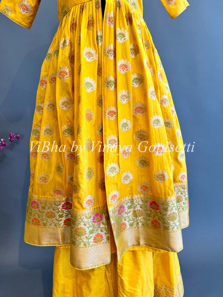 Yellow Benares Silk Front Slit Style Palazzo Set