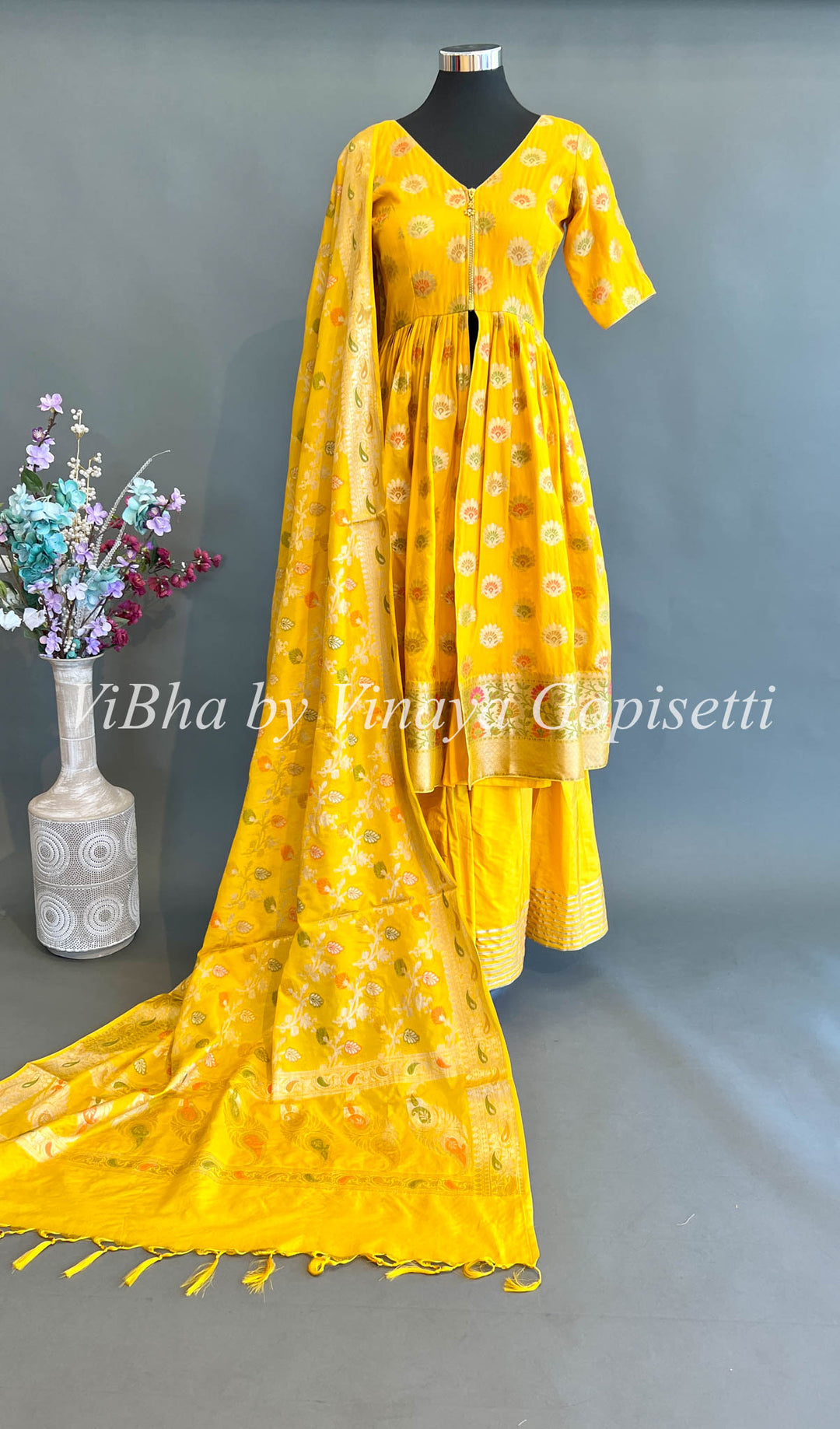 Yellow Benares Silk Front Slit Style Palazzo Set
